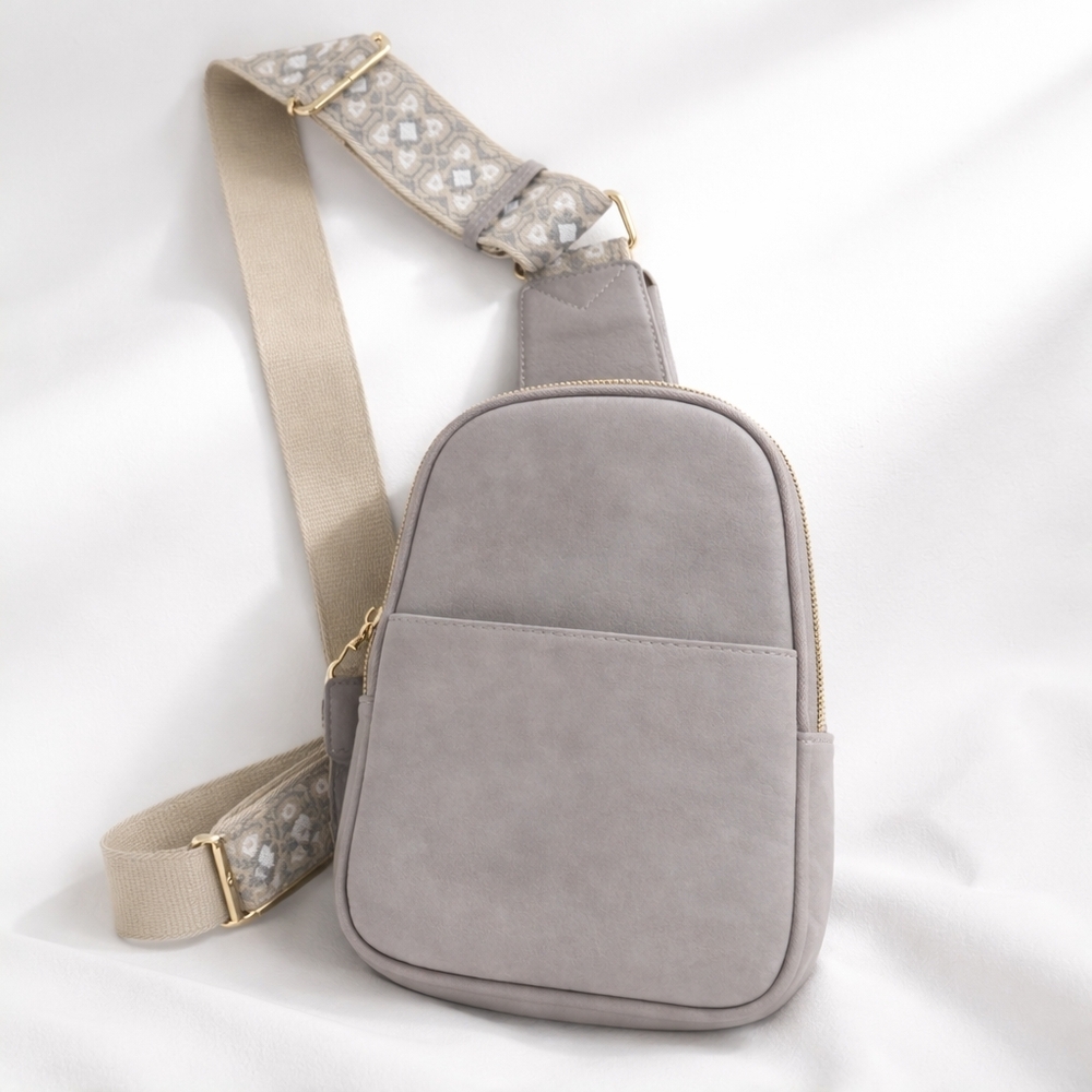 ModaLux Vegan Leather Sling Bag Neutral Beige Crossbody Backpack Gold Hardware